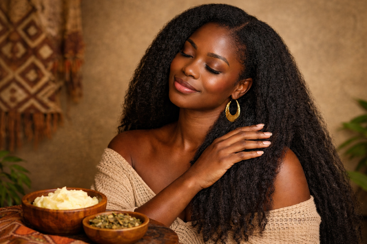 Black woman with thick, natural 4C hair gently touching her hair, smiling with eyes closed, wearing a beige knitted top and gold hoop earrings, sitting next to bowls of hair care ingredients in a warm, earthy setting.